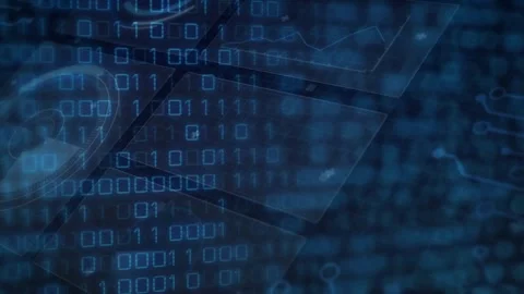 Showing binary stream, panels sliding, magnifier inspecting data, code fading Stock Footage 319682481