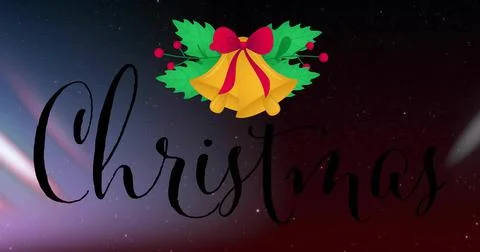 Showing black Christmas script centered on starry gradient, with golden bells, Stock Illustration