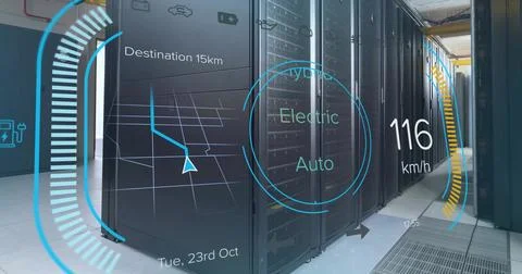 Showing black server racks lining right side in data center aisle HUD elements Stockfoto's