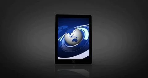 Showing black tablet on glossy studio table displaying blue globe, swoosh, map, 库存照片