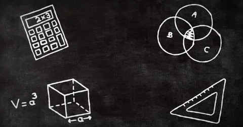Showing blackboard featuring white chalk math sketches in classroom, with Stock Illustration