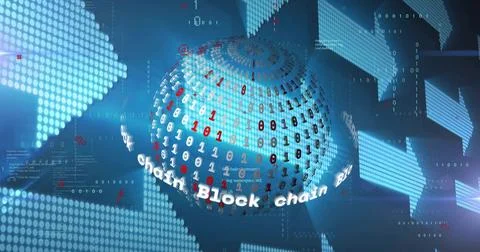 Showing blockchain globe rotating in digital network space, with "Block chain" Illustrazione stock