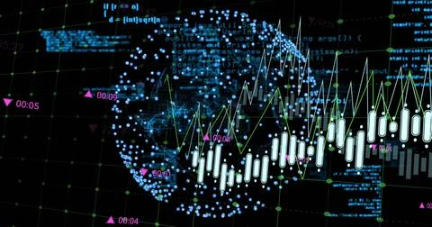 Showing blue 3D globe rotating with candlestick bars on digital dashboard, with 스톡 일러스트