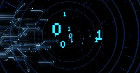 Showing blue binary digits flowing through concentric grids in data hub, with Stock Photos