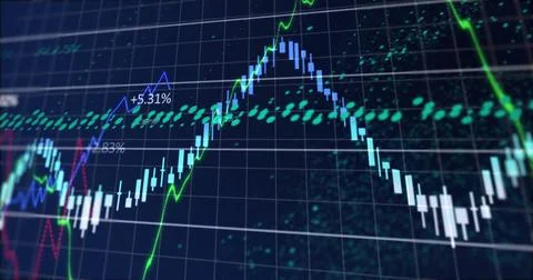 Showing blue candlesticks on white grid with green trend line, dotted markers Stock Illustration