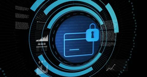 Showing blue circular interface glowing on digital HUD, with padlock icon and 写真素材