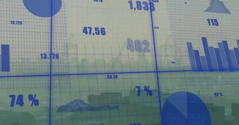 Showing blue data overlay on multi-panel glass in office, featuring bar or pie 库存照片