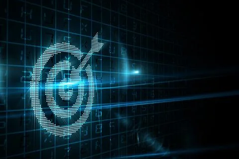 Showing blue dot matrix target featuring arrow over cyber grid emitting light Stock Illustration