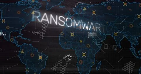 Showing blue global map on grid panel, displaying RANSOMWAR overlay, warning Stock Illustration