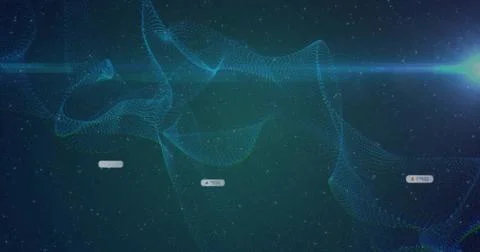 Showing blue-green data mesh forming waves in star field with floating numeric Stock Illustration