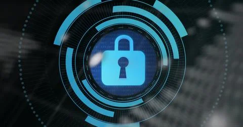 Showing blue padlock icon hovering over security interface, with UI arcs and 스톡 일러스트