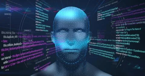 Showing blue point-cloud head floating in virtual data stage, with code streams Illustrazione stock