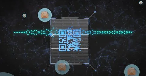 Showing blue QR code scanning in network with faint frame, corner nodes, teal Stock-Fotos