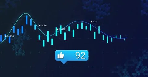 Showing blue speech bubble in UI with candlesticks glowing curved line graph イラスト素材