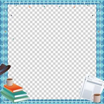 Showing blue-teal diamond frame, stars, books, newspapers, mugs and fedora, Stock Illustration