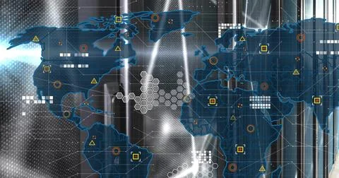 Showing blue world map on metallic grid with hex clusters, geometric circuit Stock Illustration
