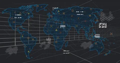 Showing blue world map outline on dashboard, displaying hexes, nodes, triangles, イラスト素材
