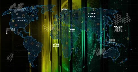 Showing blue world map visualizing network data in interface with hexagon Illustrazione stock