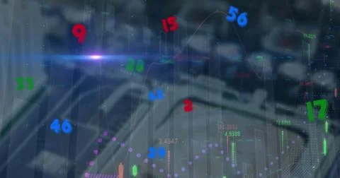 Showing blurred server racks with floating financial charts in data center, with Stock Photos
