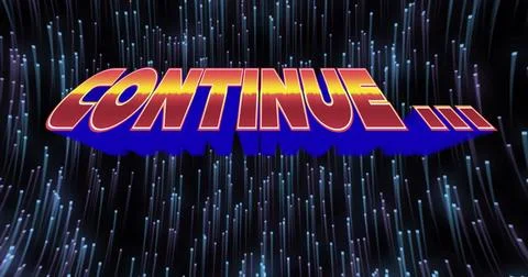 Showing bold gradient 3D CONTINUE text floating in digital space, with fiber Illustrazione stock