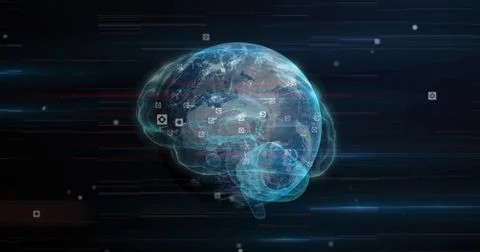 Showing brain shaped overlay wrapping around Earth globe in digital space with Stock Illustration