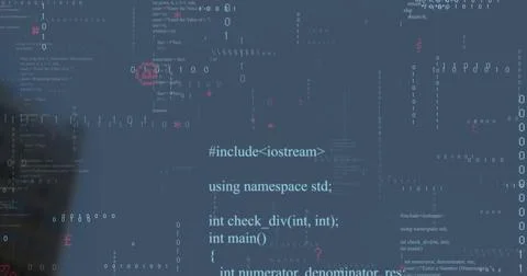 Showing C++ code drifting over blurred office building, with binary digits Stock Photos