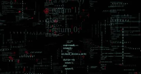 Showing C++ function snippet floating over dark console terminal, with binary 스톡 일러스트