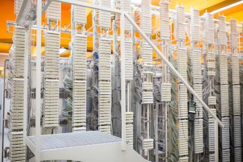 Showing cable distribution frames in flat design with white termination blocks Stock Photos