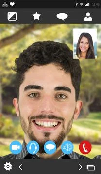 Showing call screen with smiling Hispanic man, inset smiling Asian woman, UI Stock Photos