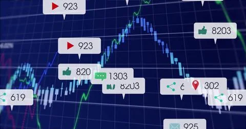 Showing candlestick and line graph on screen with play-button icon and social Stock Photos