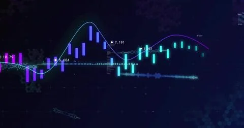 Showing candlestick bars chart on dashboard screen, with neon trend lines and Stock Illustration