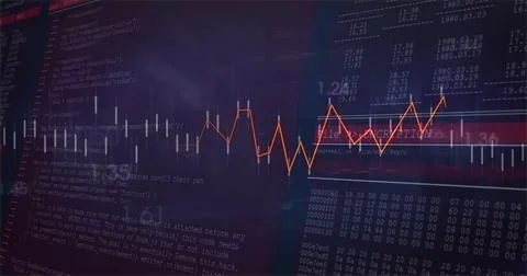 Showing candlestick chart on code editor with numeric, binary or hex data, red Stock Illustration