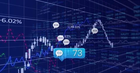 Showing candlestick chart with colored lines on screen speech-bubble icons and Stock Photos