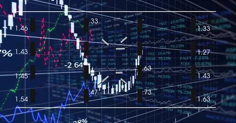 Showing candlestick chart falling then settling then surging on trading screen, Stock Illustration