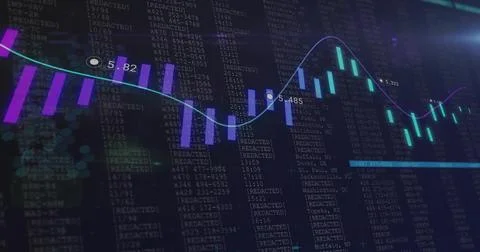 Showing candlestick chart fluctuating at dashboard, with line graph and circular Illustrazione stock