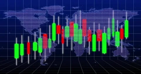 Showing candlestick chart glowing in trading interface, with white wicks and Stock Illustration