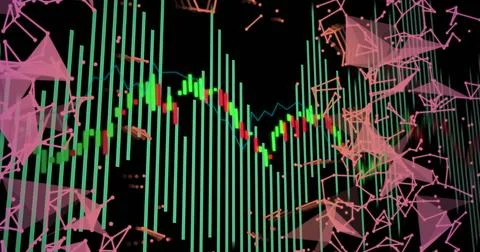 Showing candlestick chart with green bars and blue trendline on dashboard with Illustrazione stock