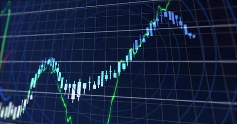 Showing candlestick chart on navy screen, displaying cyan bars, green line, grid Ilustración de archivo