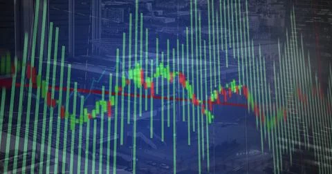 Showing candlestick chart plotting red trend line over green bars against faint Stock Photos
