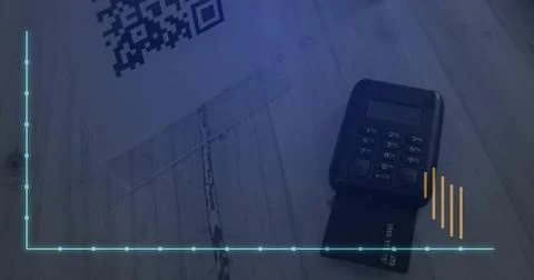 Showing card reader processing chip-card on wooden tabletop with QR code stand, Stock Photos