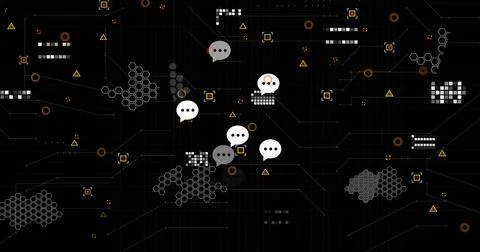 Showing center chat bubble cluster linking with hex nodes, pixels and lines on 스톡 일러스트