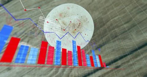 Showing centered 3D viz over wood plank showing red-blue-bars, lines, red-nodes, Stock Photos