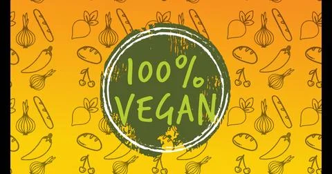 Showing centered badge stating 100% VEGAN on yellow gradient, food pattern, Stock Illustration