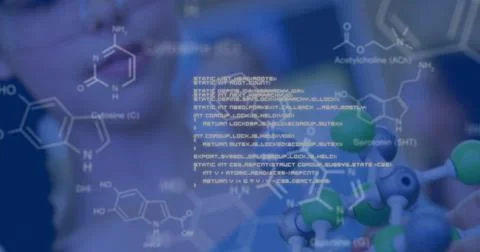 Showing centered ball stick model, labeled molecules and code overlay in lab, 스톡 사진
