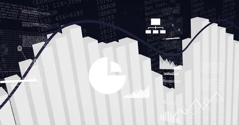 Showing centered bar chart columns rising on navy dashboard with dark trend Stock Photos