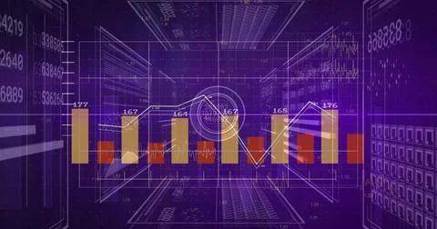 Showing centered chart forming corridor in purple HUD, with vertical bars, white Stock Illustration