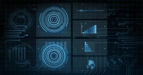 Showing centered cluster of glass panels on virtual dashboard, with concentric Stock Illustration