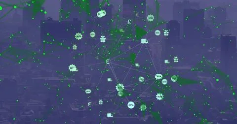 Showing centered data network over hazy skyline, displaying green nodes, lines, Foto stock