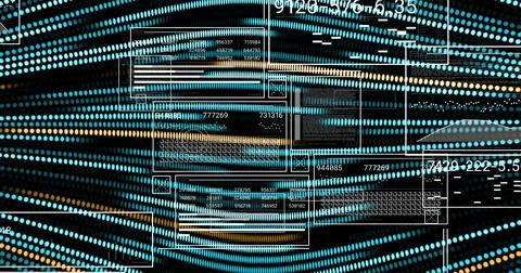 Showing centered data visual flowing in virtual dash, with teal dotted rows UI Illustrazione stock
