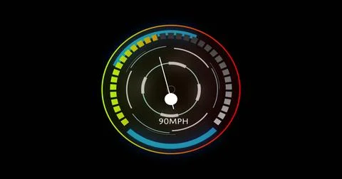 Showing centered digital circular gauge with needle, white pivot, multicolor Stock Illustration